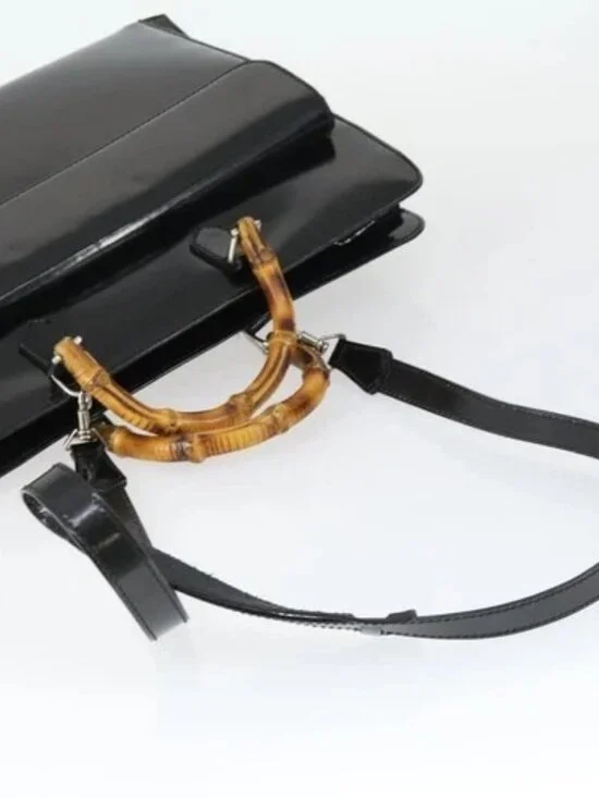 GUCCI Bamboo Hand Bag Patent leather 2 Set Black Auth bs33355 - Picture 5 of 16